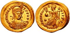 THEODOSIUS II. 402-450 AD. AV Solidus (4.43 gm). Constantinople mint. Struck 443 AD. Estimate $750  THEODOSIUS II. 402-450 AD. AV Solidus (4.43 gm). Constantinople mint. Struck 443 AD. Helmeted, diade