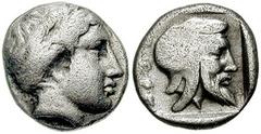 DYNASTS of LYCIA. Kherei. Circa 440-410 BC. AR Triobol (12mm, 1.64 gm). Laureate head of Apollo right / Bearded head of Kherei right, wearing Persian headdress in incuse circle. Cf. Winterthur 4256 (H