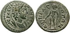 LYDIA, Akrasus. Septimius Severus. 193-211 AD. Æ 23mm (5.53 gm). Bare-headed and draped bust of Senate right / Apollo standing facing, head left, holding laurel-branch. BMC Lydia pg. 9, 3; SNG von Aul