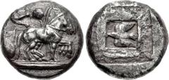 MACEDON, Olynthos. Circa 500-450 BC. AR Tetradrachm (23.5mm, 17.30 g, 1h). Charioteer, holding kentron in right hand and reins in left, driving slow quadriga right; large pellet above / Eagle flying l