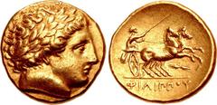 KINGS of MACEDON. temp. Philip II – Alexander III. Circa 340/36-328 BC. AV Stater (18mm, 8.59 g, 10h). In the name and types of Philip II. Pella mint. Laureate head of Apollo right / Charioteer drivin