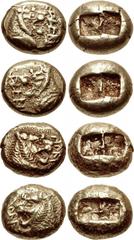 KINGS of LYDIA. Alyattes. Circa 620/10-564/53 BC. Lot of four (4) EL Trites. KINGS of LYDIA. Alyattes. Circa 620/10-564/53 BC. EL Trite (12mm, 4.73 g). Sardes mint. Head of roaring lion right, “sun” o