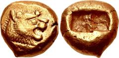 KINGS of LYDIA. temp. Alyattes – Kroisos. Circa 620/10-550/39 BC. EL Trite – Third Stater (12mm, 4.73 g). Sardes mint. Head of roaring lion right, sun with multiple rays on forehead / Two incuse squar