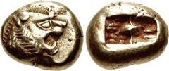 KINGS of LYDIA. temp. Alyattes – Kroisos. Circa 620/10-550/39 BC. EL Trite – Third Stater (17.5mm, 4.72 g). Sardes mint. Head of roaring lion right, sun with multiple rays on forehead / Two incuse squ