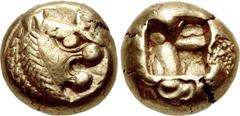 KINGS of LYDIA. temp. Alyattes – Kroisos. Circa 620/10-550/39 BC. EL Hemihekte – Twelfth Stater (12mm, 1.19 g). Sardes mint. Head of roaring lion right, sun with no rays on forehead / Incuse square; t