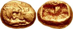 KINGS of LYDIA. Kroisos. Circa 564/53-550/39 BC. AV Sixth Stater (14mm, 1.78 g). Heavy standard. Sardes mint. Confronted foreparts of lion right and bull left / Two incuse squares. Walberg Group III; 
