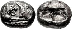 KINGS of LYDIA. Kroisos. Circa 564/53-550/39 BC. AR Stater (23.5mm, 10.56 g). Sardes mint. Confronted foreparts of lion right and bull left / Two incuse squares. Berk 20; Traité I 407; SNG Kayhan 1018