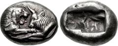KINGS of LYDIA. Kroisos. Circa 564/53-550/39 BC. AR Third Stater (19mm, 3.53 g). Sardes mint. Confronted foreparts of lion right and bull left / Two incuse square punches. Berk 24; Traité I 412; SNG K
