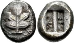 ISLANDS off CARIA, Rhodos. Kamiros . Circa 500-480 BC. AR Stater (17.5mm, 12.05 g). Fig leaf / Rectangular incuse divided lengthwise by a thick band. SNG Keckman 317; HGC 6, 1382. Near VF, toned. From