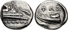 LYCIA, Phaselis. 4th century BC. AR Stater (21mm, 10.30 g, 5h). Prow of galley right, fighting platform decorated with Pegasos flying right; below, dolphin right / Stern of galley left; ΦAΣ above; bel