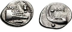 LYCIA, Phaselis. 4th century BC. AR Stater (24mm, 10.36 g, 8h). Prow of galley right, fighting platform decorated with lion at bay right; to right, owl flying upward left, wings displayed; below, dolp