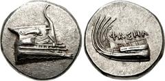 LYCIA, Phaselis. 4th century BC. AR Stater (22mm, 10.48 g, 7h). Prow of galley right, fighting platform decorated with dolphin right / Stern of galley left; ΦAΣHΛ above. Heipp-Tamer Series 6, unlisted