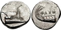 LYCIA, Phaselis. 4th century BC. AR Stater (22mm, 10.39 g, 3h). Prow of galley right / Stern of galley left; ΦAΣH above. Heipp-Tamer Series 6, unlisted variety. EF, lightly toned. Well centered and st