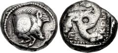 DYNASTS of LYCIA. Kuprilli. Circa 480-440 BC. AR Stater (20mm, 10.43 g). Forepart of boar right / Triskeles; KOΠ-[PΛΛ]-E around; all in dotted square within incuse square. Unpublished, but cf. Mørkhol
