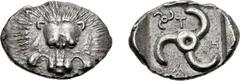 DYNASTS of LYCIA. Trbbenimi. Circa 390-375 BC. AR Stater (27mm, 9.79 g). Zemura (Limyra) mint. Facing lion scalp / Triskeles; small triskeles in one corner, ZẼ and T (in Lycian) around; all within inc