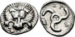 DYNASTS of LYCIA. Trbbenimi. Circa 390-375 BC. AR Stater (25.5mm, 9.55 g, 10h). Zagaba mint. Facing lion scalp / Triskeles with T in center; fish to left, ZAG (in Lycian) around; all within incuse cir