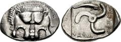 DYNASTS of LYCIA. Mithrapata. Circa 390-370 BC. AR Stater (28mm, 9.70 g, 1h). Facing lion scalp / Triskeles; above, dolphin right; MITHRA-PATA (in Lycian) around; all within incuse square. Mildenberg,