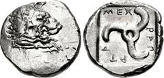 DYNASTS of LYCIA. Mithrapata. Circa 390-370 BC. AR Stater (22.5mm, 9.66 g). Forepart of lion right / Head of Mithrapata left; MITH-RAP-ATA in Lycian around; all within incuse square. Unpublished, but 