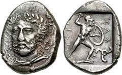 DYNASTS of LYCIA. Perikles. Circa 380-360 BC. AR Stater (20.5mm, 9.87 g, 11h). Struck circa 380-375 BC. Head of Perikles facing slightly left, wearing laurel wreath, drapery around neck / Warrior, nud