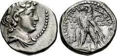 SELEUKID KINGS of SYRIA. Demetrios II Nikator. Second reign, 129-125 BC. AR Drachm (16mm, 3.46 g, 12h). Tyre mint. Dated SE 184 (129/8 BC). Diademed and draped bust right / Eagle standing left on prow