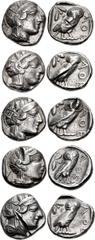 LEVANT or NORTH ARABIA. Late 4th century BC. Lot of Five Athenian Type Tetradrachms. All coins: Helmeted head of Athena right / Owl standing right, head facing; olive spray and crescent to left. Four 