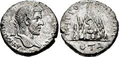 CAPPADOCIA, Caesarea-Eusebia. Macrinus. AD 217-218. AR Tridrachm (24mm, 9.15 g, 12h). Dated RY 1 (AD 217). Laureate bust right, slight drapery / Mt. Argaeus surmounted by nude male figure holding glob