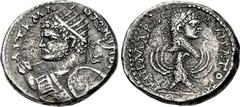 SYRIA, Cyrrhestica. Cyrrhus . Caracalla. AD 198-217. AR Tetradrachm (27mm, 13.49 g, 12h). Struck AD 215-217. Radiate and cuirassed bust left, holding spear in right hand, shield over left shoulder / Δ