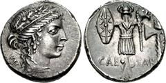 The Caesarians. Julius Caesar. Late spring-early summer 48 BC. AR Denarius (17mm, 3.94 g, 12h). Military mint traveling with Caesar, probably commencing after the battle of Pharsalus, 9 August 48 BC. 
