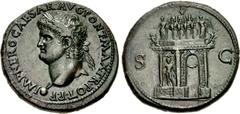 Nero. AD 54-68. Æ Sestertius (36mm, 24.95 g, 6h). Lugdunum (Lyon) mint. Struck circa AD 66. IMP NERO • CAESAR • AVG • PONT • MAX • TR • POT • P • P, laureate head left, globe at point of neck / S C ac