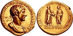 Hadrian. AD 117-138. AV Aureus (18.5mm, 7.31 g, 6h). Rome mint. Struck AD 117. IMP CAES TRAIAN HADRIANO OPT AVG GER • DAC, laureate, draped, and cuirassed bust right / PARTHIC DIVI TRAIAN ΛVG F P M TR