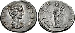 Didia Clara. Augusta, AD 193. AR Denarius (18mm, 2.68 g, 12h). Rome mint. Struck under Didius Julianus. DIDIA CLA RA • AVG, draped bust right / HILA R TEMPOR, Hilaritas standing left, holding long pal