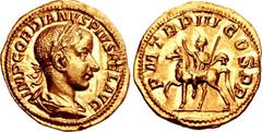 Gordian III. AD 238-244. AV Aureus (20mm, 4.85 g, 6h). Rome mint, 6th officina. 7th emission, AD 240. IMP GORDIANVS PIVS FEL AVG, laureate, draped, and cuirassed bust right / P M TR P III COS P P, Gor