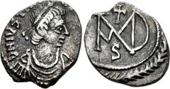 Justinian I. 527-565. AR Half Siliqua (13mm, 1.11 g, 7h). Carthage mint. Struck 534/7-552. Diademed, draped, and cuirassed bust right / Large monogram; cross above, S below; all within wreath. DOC –; 