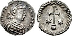 Justinian I. 527-565. AR Quarter Siliqua (12mm, 0.89 g, 6h). Ravenna mint. Struck 552-565. Diademed and draped bust right, wearing cuirass seen from back in the Ostrogothic style / Staurogram set on g