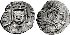Heraclius. 610-641. AR Third Siliqua (12mm, 0.68 g, 5h). Carthage mint. Struck 617-641. Crowned bust facing, wearing consular robes, holding mappa and globus cruciger / VIR-TVS, Victory advancing left