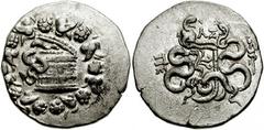 MYSIA, Pergamon. Circa 133-67 BC. AR Cistophoric Tetradrachm (26mm, 12.67 gm). Struck circa 104-98 BC. Cista mystica with serpent; all within ivy wreath / Bow-case with serpents; A Σ above, serpent-en