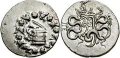 MYSIA, Pergamon. Circa 133-67 BC. AR Cistophoric Tetradrachm (26mm, 12.71 gm). Struck circa 104-98 BC. Cista mystica with serpent; all within ivy wreath / Bow-case with serpents; monogram above, serpe