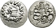 MYSIA, Pergamon. Circa 133-67 BC. AR Cistophoric Tetradrachm (26mm, 12.68 gm). Struck circa 95-92 BC. Cista mystica with serpent; all within ivy wreath / Bow-case with serpents; B O above, serpent-ent