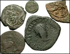 BYZANTINE. Lot of six Æ. Lot includes the following: Justin I, and Justinian I. Æ Follis. SB 125 // Same. Æ Pentanummium. SB 133 // Justinian II. Æ Half Follis. SB 1262. Overstruck on SB 1260 // Leont