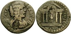 LYDIA, Hypaepa. Julia Domna, wife of Septimius Severus. Æ 23mm (6.96 gm). Draped bust right; c/m cultus statue of Artemis Anaítis in oval incuse / Tqetrastyle temple with central arch, within, cultus 