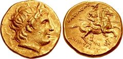 KINGS of MACEDON. Demetrios I Poliorketes. 306-283 BC. AV Stater (19mm, 8.51 g, 6h). Pella mint. Struck circa 289-288 BC. Diademed and horned head right / BAΣIΛEΩΣ ΔHMHTPIOY, warrior, wearing mantle, 