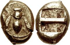 IONIA, Ephesos. Circa 550 BC. EL Hemistater (13mm, 6.86 g). Bee / Two parallel narrow rectangular incuses (struck from a single punch). Triton X, lot 289; otherwise unpublished. Good VF. Extremely rar