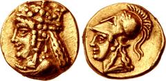 CYPRUS, Salamis. Nikokles. Circa 374-361 BC. AV Twelfth Stater (7.5mm, 0.69 g, 3h). Draped bust of Aphrodite left, wearing ornamented stephanos, earring, and necklace / Head of Athena right, wearing c