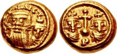 Constans II, with Constantine IV, Heraclius, and Tiberius. 641-668. AV Solidus (12mm, 4.35 g, 6h). Carthage mint. Struck 659-668. Crowned and draped busts of Constans, holding globus cruciger, and Con
