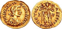 UNCERTAIN GERMANIC TRIBES. Pseudo-Imperial coinage. AV Solidus (22mm, 4.39 g, 12h). In the name of Roman emperor Valentinian III (AD 425-455). D N PLΛ VΛLENTI-NIΛNVS P F ΛV, diademed, draped, and cuir