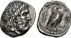 ELIS, Olympia. 126th-130th Olympiad. 276-260 BC. AR Stater (22.5mm, 11.98 g, 5h). Head of Zeus right, wearing laurel wreath / Eagle standing right on rock; F-A flanking head, thunderbolt to left; to r