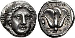 ISLANDS off CARIA, Rhodos. Rhodes . Circa 404-385 BC. AR Tetradrachm (22mm, 15.23 g, 12h). Chian standard. Head of Helios facing slightly right / Rose in profile, bud to left; [P]OΔION above; to right