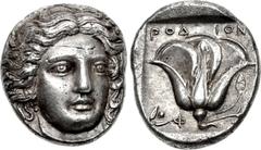 ISLANDS off CARIA, Rhodos. Rhodes . Circa 404-385 BC. AR Tetradrachm (21mm, 15.21 g, 12h). Chian standard. Head of Helios facing slightly right / Rose in profile, bud to right; POΔ-ION above; to left,