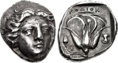 ISLANDS off CARIA, Rhodos. Rhodes . Circa 404-385 BC. AR Tetradrachm (21.5mm, 15.15 g, 11h). Chian standard. Head of Helios facing slightly right / Rose in profile, bud to left; POΔION above; T to lef