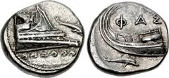 LYCIA, Phaselis. 4th century BC. AR Stater (22mm, 10.41 g, 7h). Prow of galley right, fighting platform decorated with Pegasos flying right; below, dolphin right / Stern of galley left; ΦAΣ above; bel